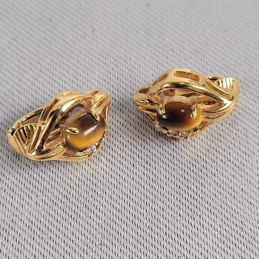 Vintage 14K Gold Filled Tigers Eye Clip On Earrings Statement Brown Gemstone